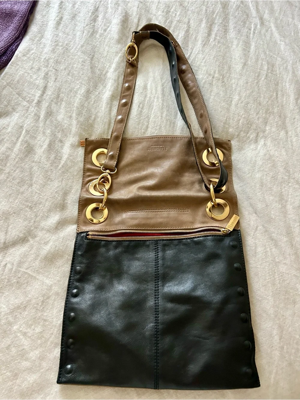 Hammitt Tan Leather Crossbody Bag with Gold Grommet Accents